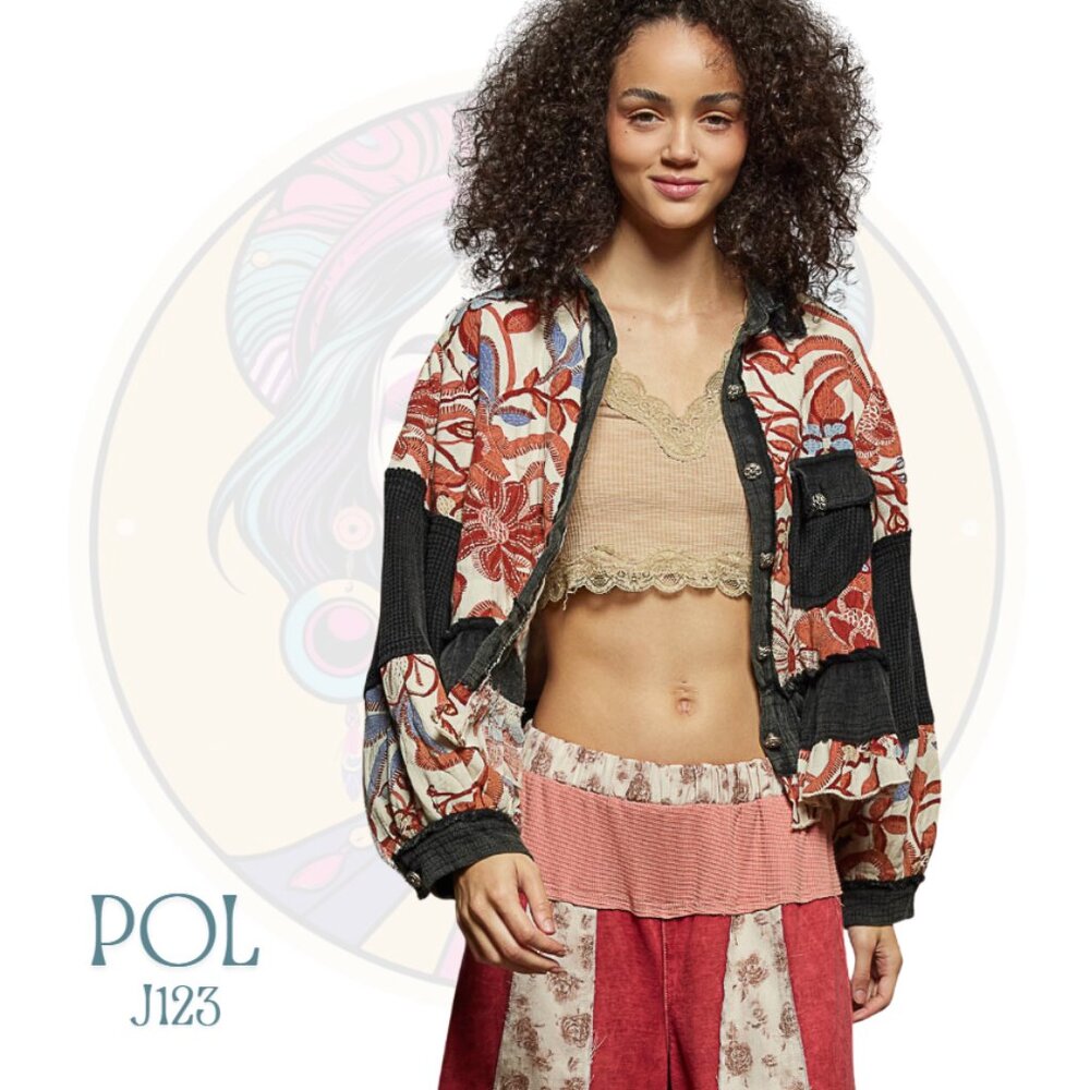 J123 POL Black Red Floral Peplum Thermal Jacket